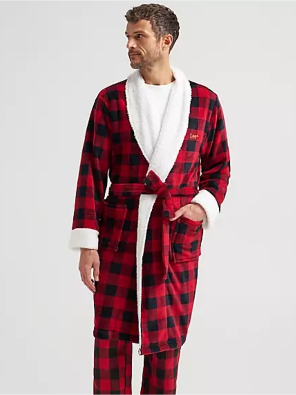 LEE Men's Buffalo Plaid Sherpa Trim Flannel Robe--NWT--L